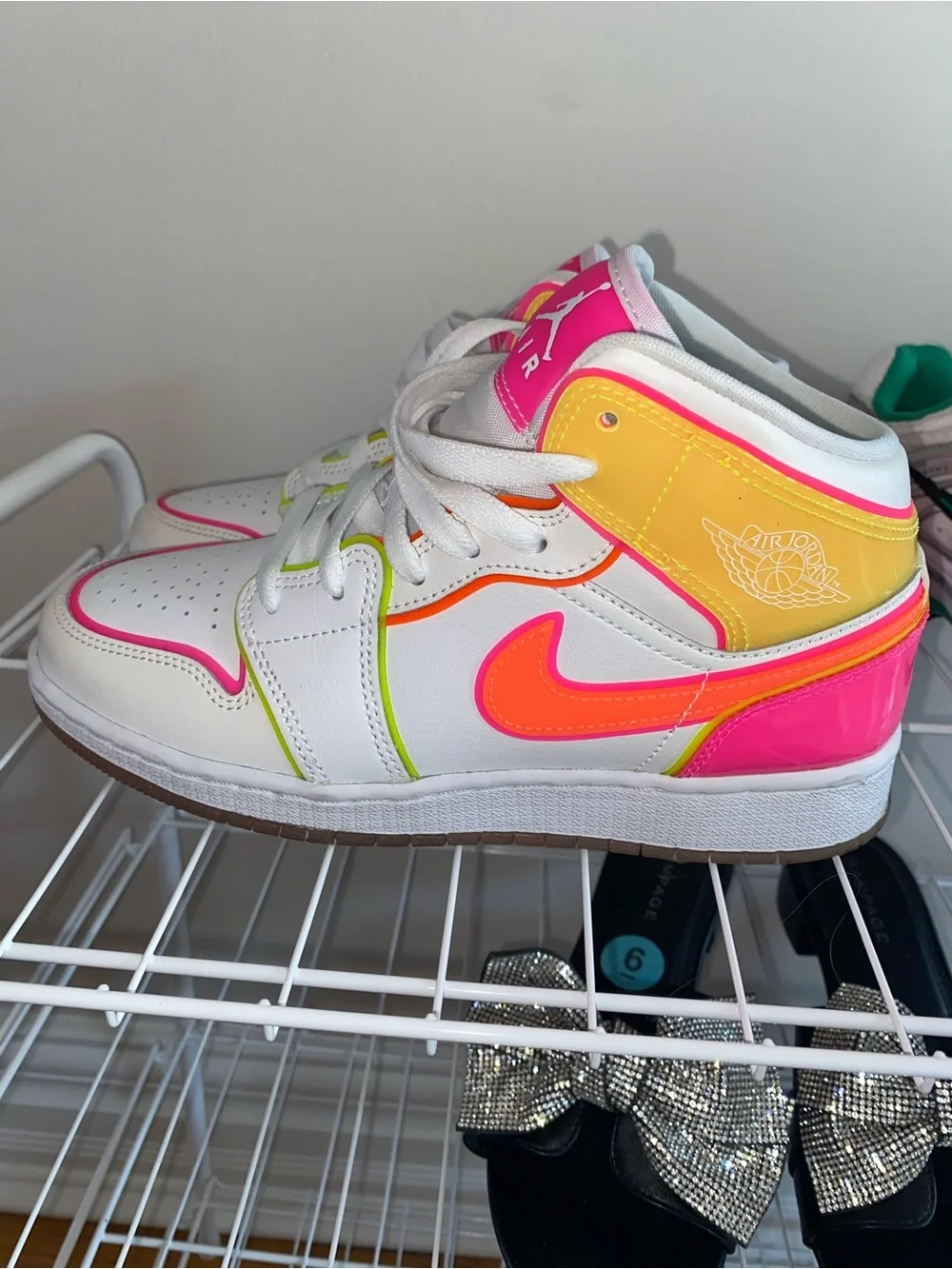 Jordan Kids Sneakers in White with Neon Pink, Neon Orange, Neon Yellow Accents